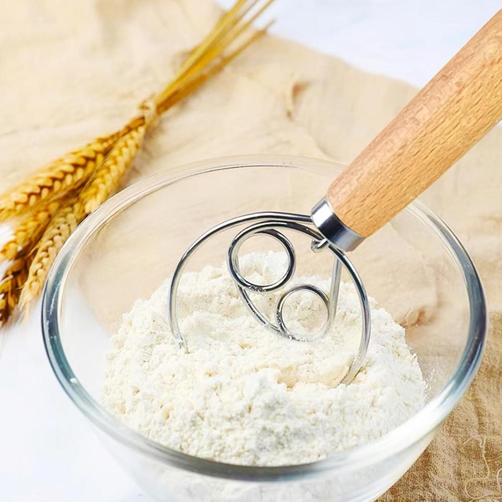 1Pcs Bread Beater Wooden Handle  Stainless Steel Ring Cake Pizza Pastry Biscuit Yeast Baking Dough Mixer Baking Supplies