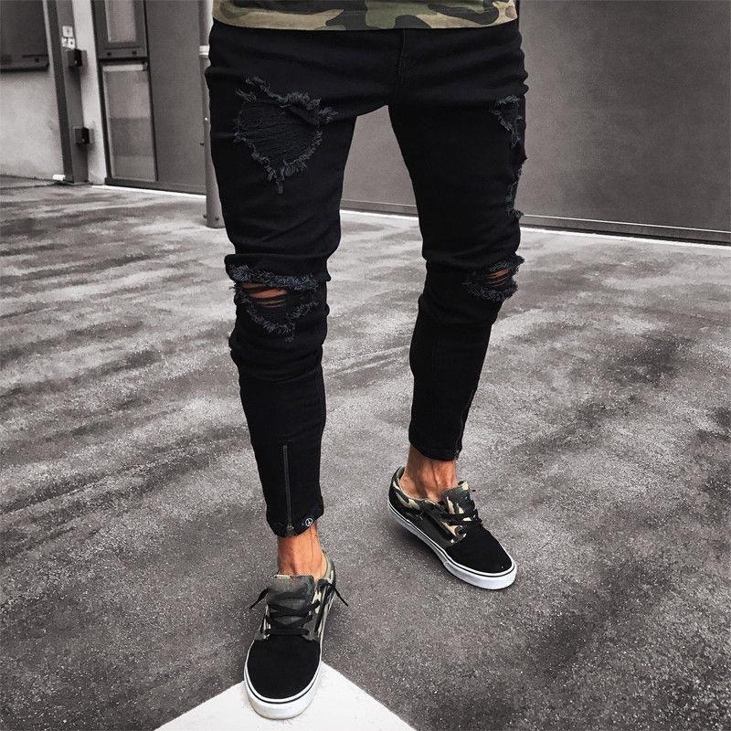 Black Hole Stretch Zipper Men's  In Europe and The United States Trend Small Leg Pants Plus Size