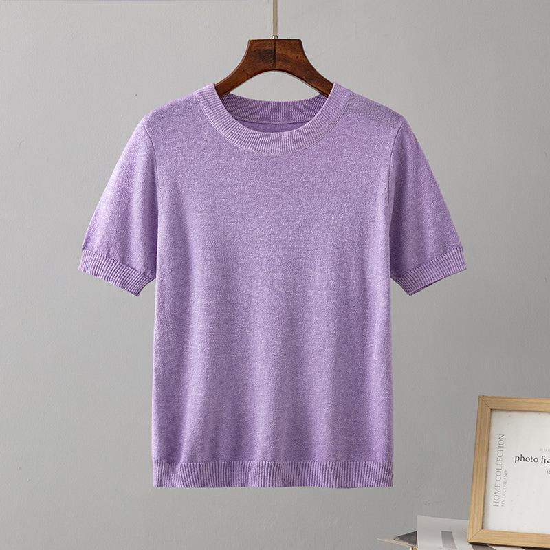 Pletená trička Jednobarevná Kulatý výstřih Krátký rukáv pro ženy Volné pulovrové topy Retro styl Stylové dámské Lesklé ledové hedvábí Šifonové halenky Košile