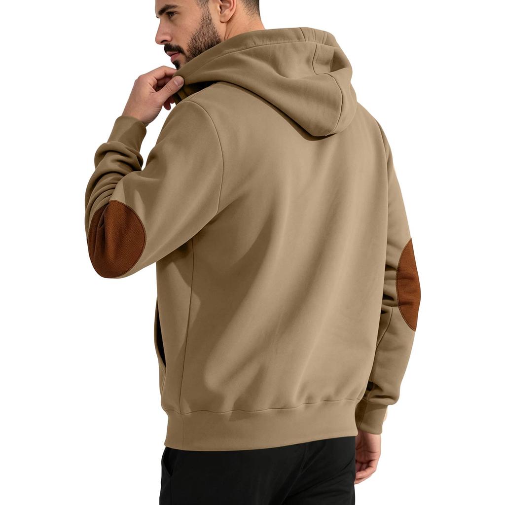 Men's Pullover Hoodie with Leather Patch and Button, Casual Loose Fit