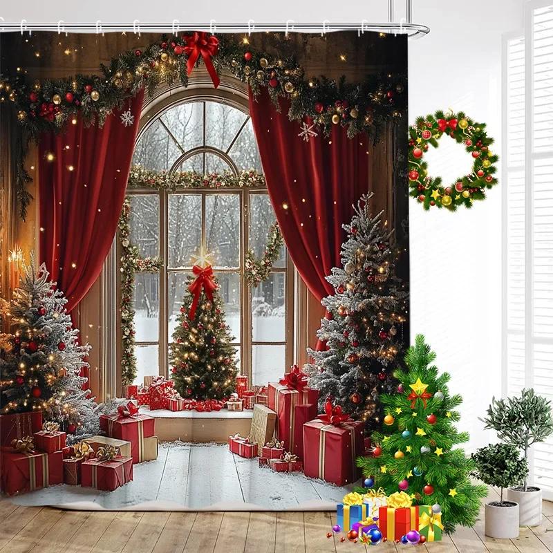 Christmas Shower Curtain Xmas Tree Gifts Winter Forest Cedar Nature Landscape Home Wall Hanging Fabric Bathroom Curtains Decor