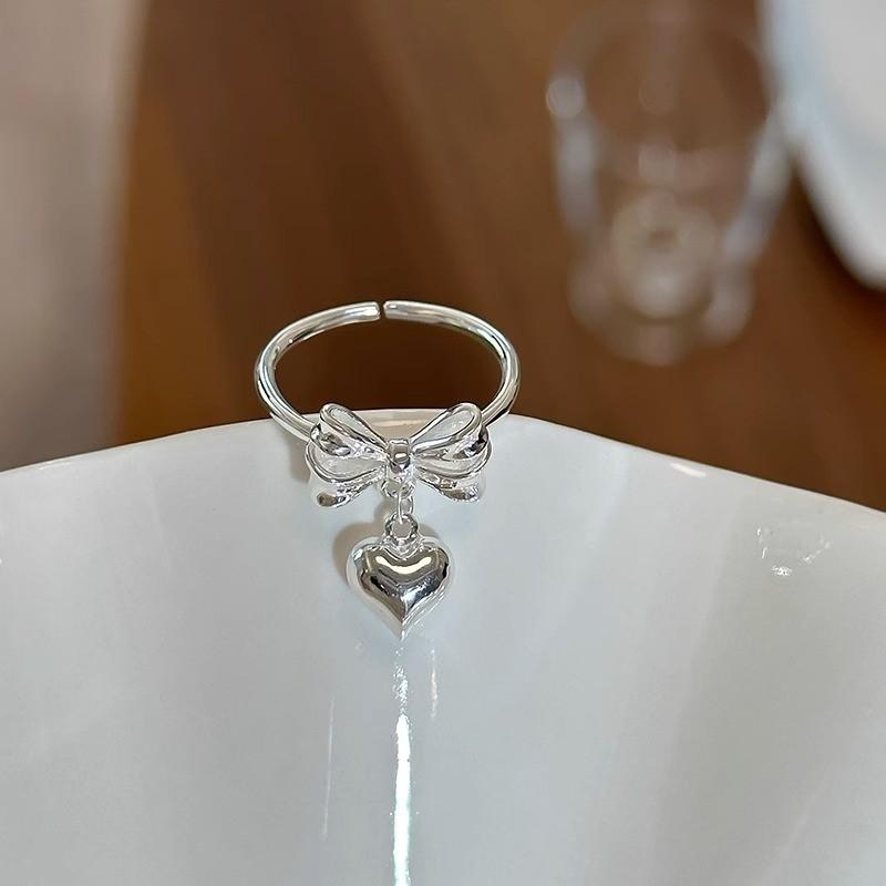 Chic Adjustable S925 Silver Heart Ring With Bow Design For Women Ideal For Everyday Wear