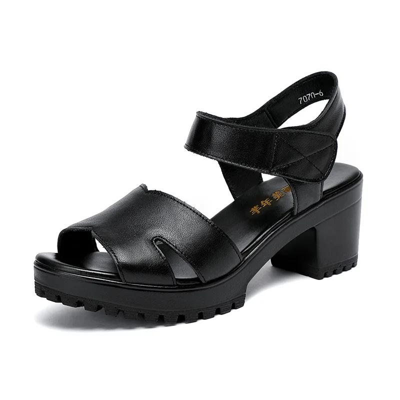 Small Size 32-43 Elegant Genuine Leather Shoes Women Summer Platform Sandals 2025 Block High Heels Sandals Women Office Mother