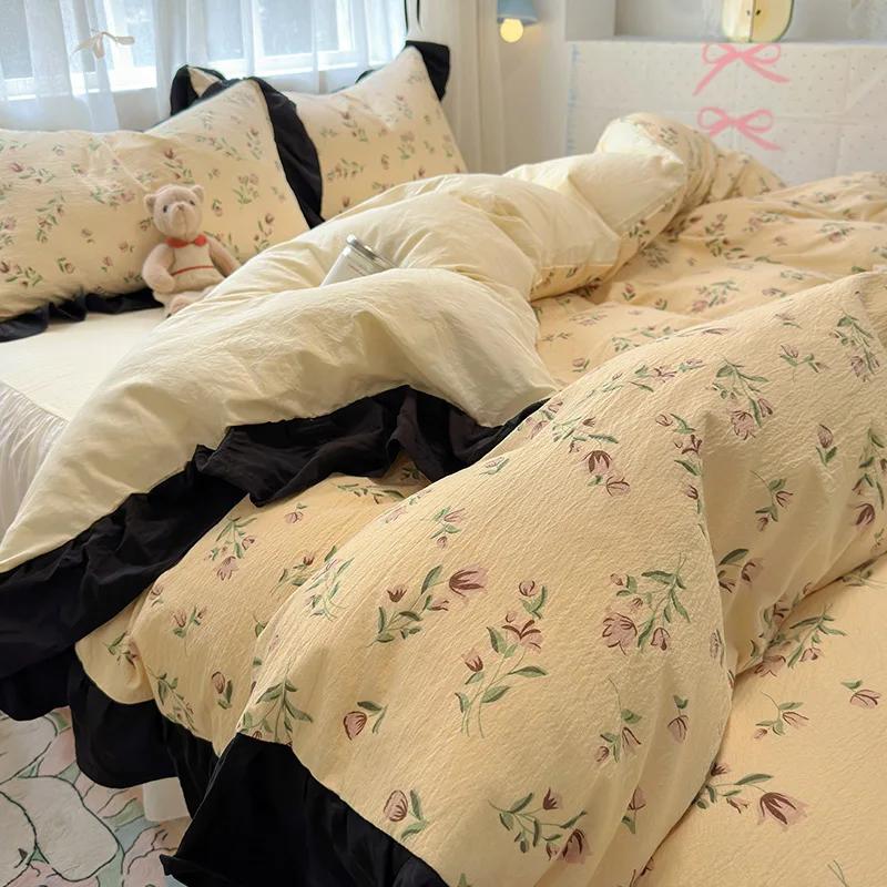 1.5/1.8 Korean Style 100% Cotton Fitted Sheet Sets with Lace Flower Print Bedding Set for Seasons Home Bedclothes for Adult Kids