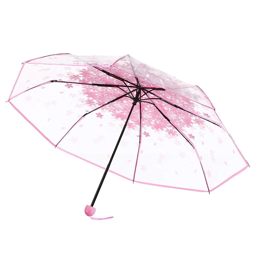 1PCS Portable cute flower household rain gear cherry blossom transparent umbrella wind and rain protection 3 fold PVC umbrella