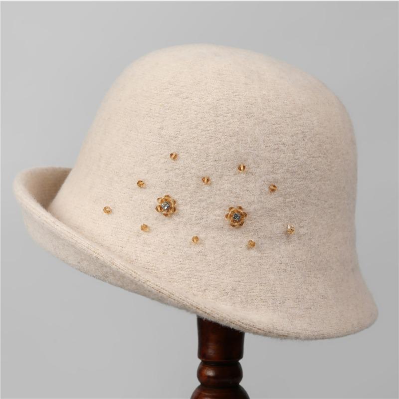 Autumn and Winter New Style Hat Handmade Rhinestone Decoration Wool Warm Fisherman Hat Elegant Curled Brim Bucket Hat for Women