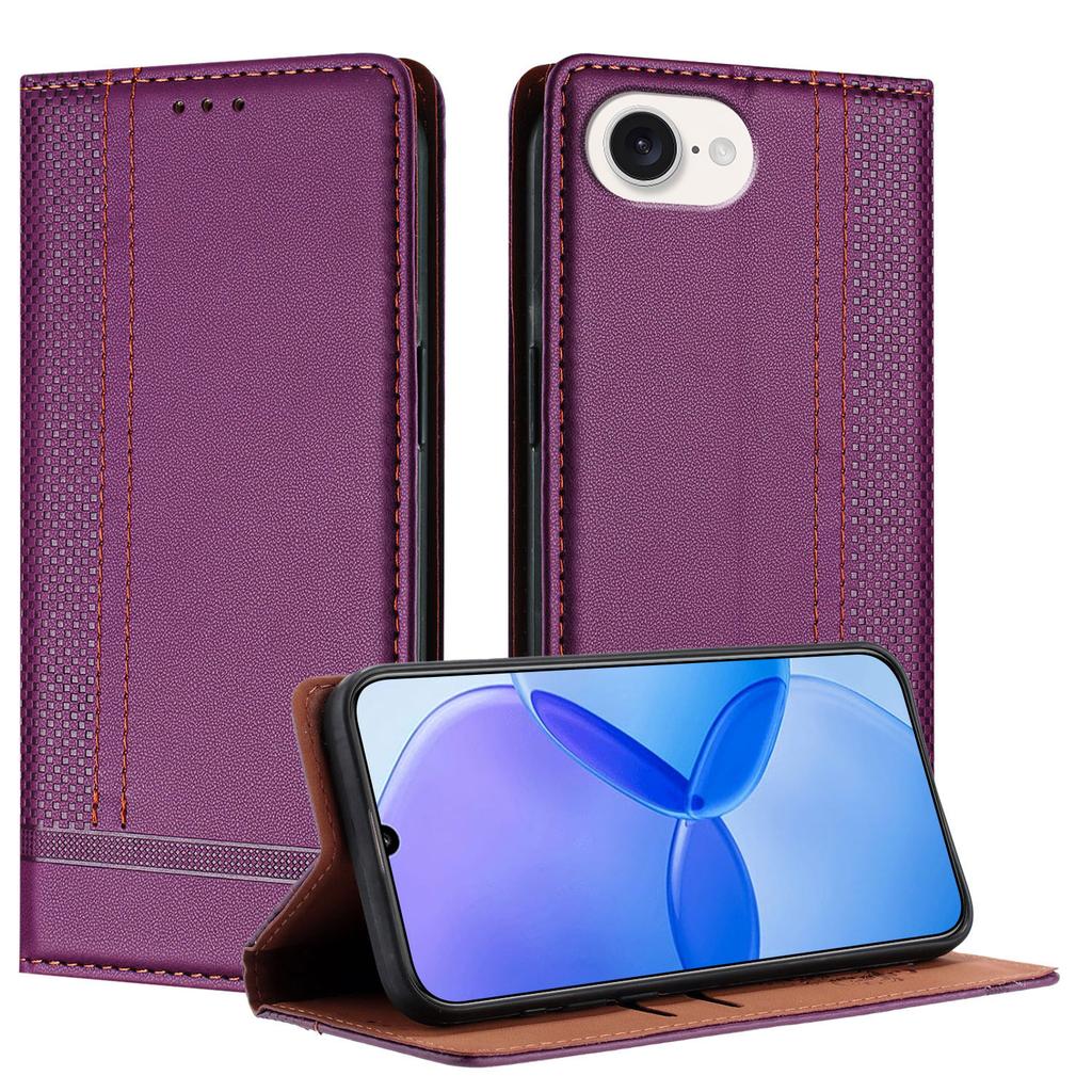 For iPhone 16e Case L-Shaped Grid Pattern Leather Stand Phone Cover with Card Slots