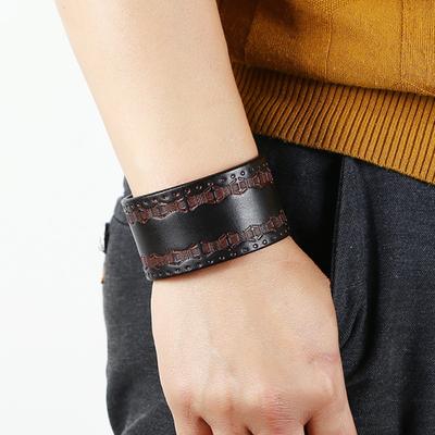 Vintage Men Embossed Faux Leather Buttons Wide Bracelet Bangle Wristband Decor