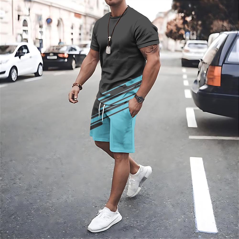 Summer Men Clothing Quick Dry Short Sleeve T Shirt Shorts 2 Piece Sets Print Men's Oversized Tracksuits Street Sportswear Suits