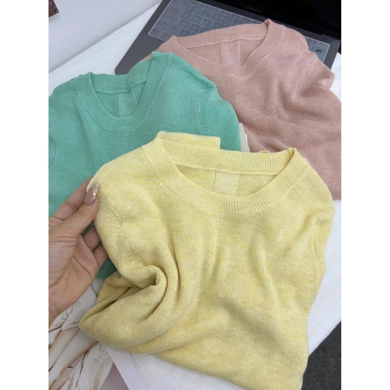 Yellow Crew Neck Dopamine Knitted Long Sleeve Women's Spring Slim-fit Age-reducing Interior Bottom Shirt Basic Top