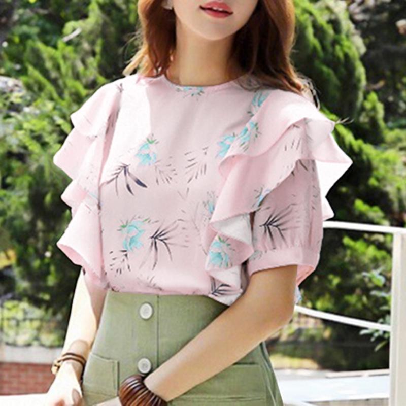 ZANZEA Women Casual Round Neck Ruffles Short Sleeve Loose Print Blouse