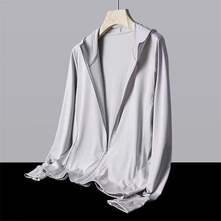 Men's Summer Ice Silk Hooded Sun Protection Jacket - Lightweight, Solid Color, Loose Fit, Plus Size.