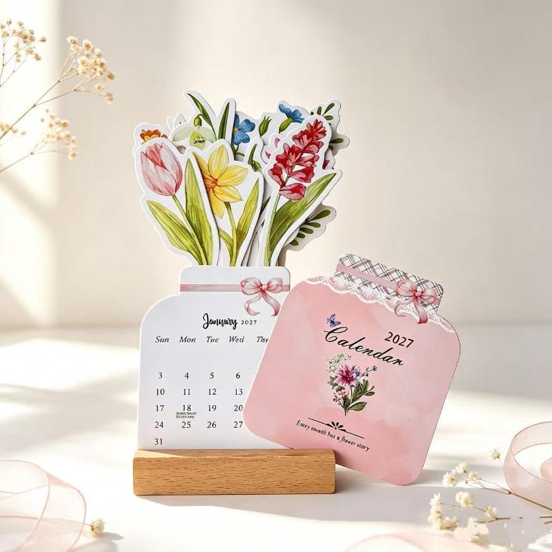 2027 Süße Katze Blühende Blumen Schreibtisch Schreibtischkalender Holzsockel 12 Malerei Kunstkarten Monatsplaner Home Office Schuldekor