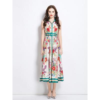 Summer Women Vintage Print Designer Runway Dress Sleeveless Turn-down Collar Shirt Long Maxi Party Tank Dresses