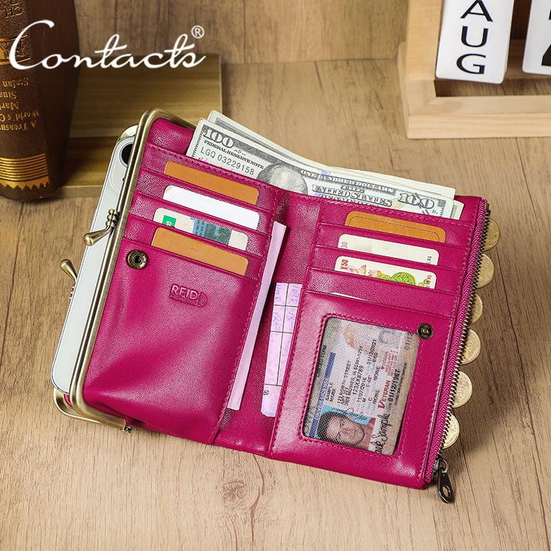CONTACT'S Genuine Leather Fashion  Long Wallet Women Colorful Coin Pocket with Photo Slot Soft Female Purse Wallets