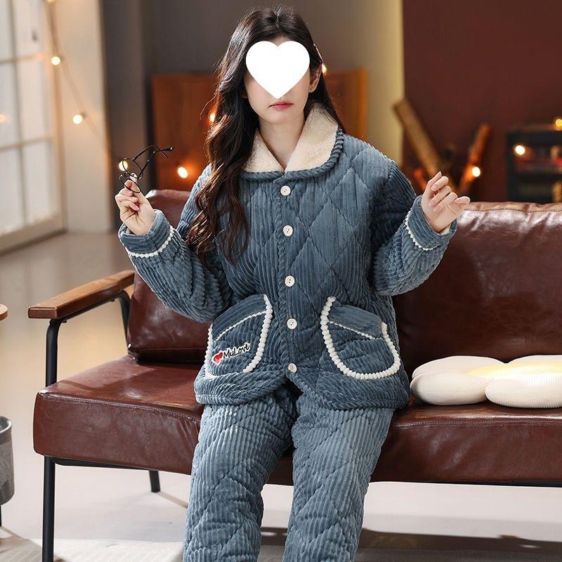 Dámské pyžamo třívrstvé zesílené a roztomilé zimní lze nosit velká velikost teplé polstrované domácí oblečení