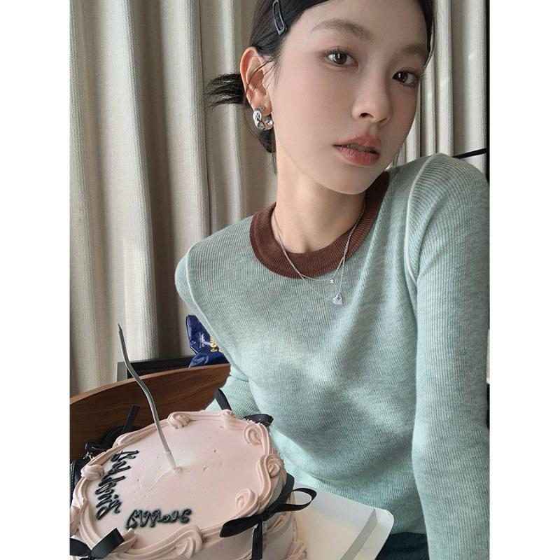 

Винтажный пуловер контрастного цвета с круглым вырезом и длинными рукавами, вязаный свитер, весенний женский облегающий топ с зеленым низом M/average size зелёный