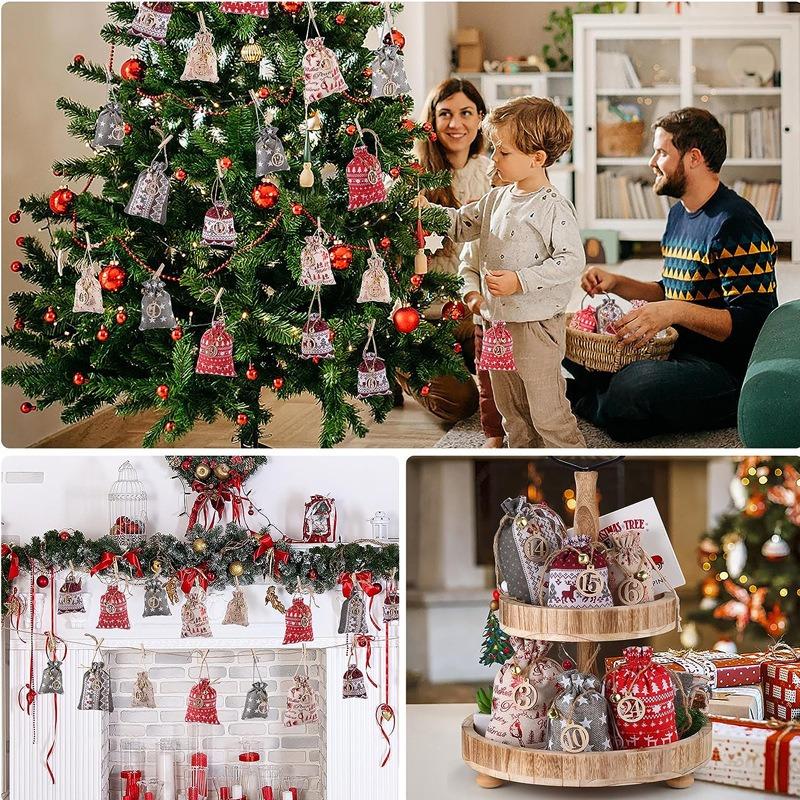 24pcs/set Christmas Gift Bag Set Linen Drawstring Bag Christmas Arrival Calendar Countdown Christmas Candy Bag Cloth Festive