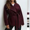 Women Wide Lapel Belted Short Wool Blend Coat Wrap Style Loose Fit Winter Outerwear
