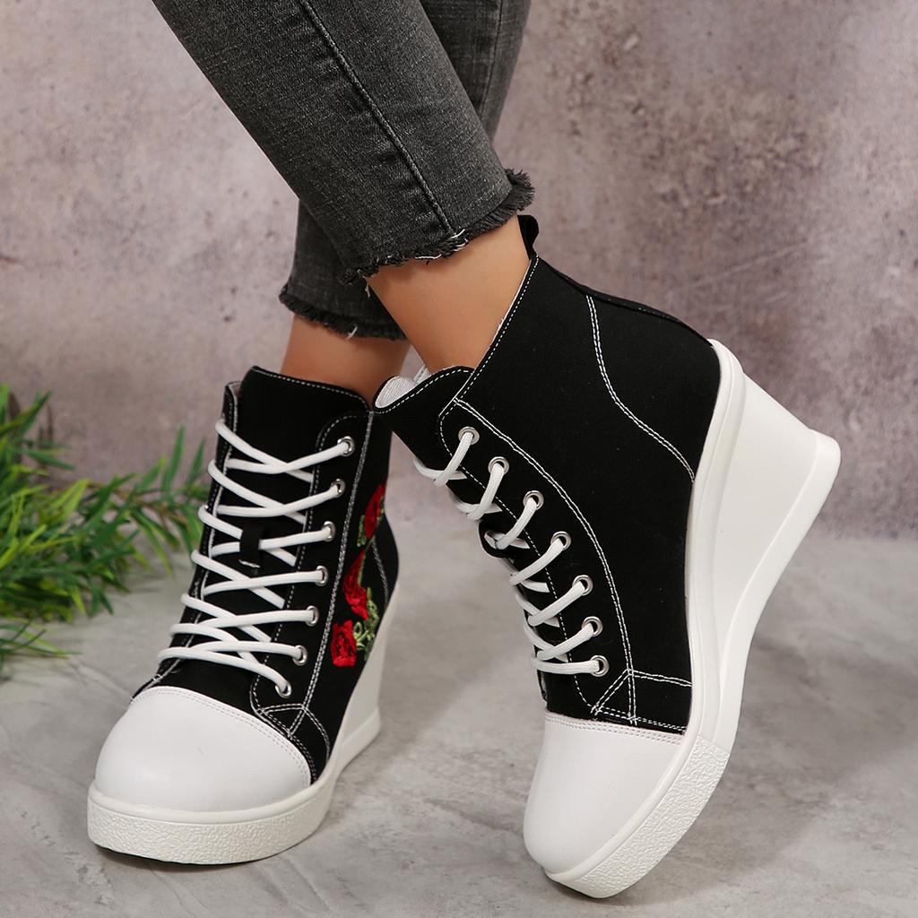 Mode Damen Sneaker Frühling Herbst High Tops Keilabsatz Mode Plateau Sneaker Frau Schnürschuhe Höhenerhöhung Lässige Canvas Schuhe Damen