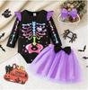 2025 European Style Girls' Halloween Skeleton Print Outfit with Headband and Gauze Skirt