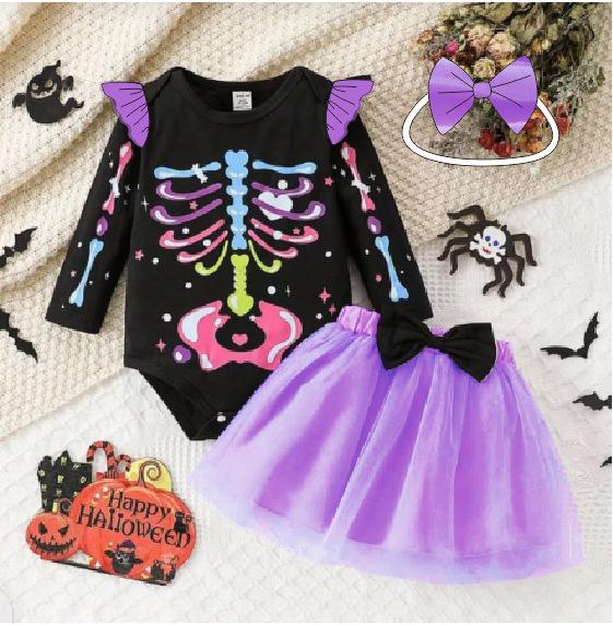 2025 European Style Girls' Halloween Skeleton Print Outfit with Headband and Gauze Skirt