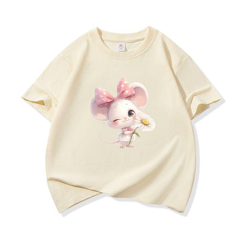 Kids Cotton T Shirt Adorable Mouse With Bow  Flower Print Crew Neck Short Sleeve Tee Casual Boys Girls Summer Tops