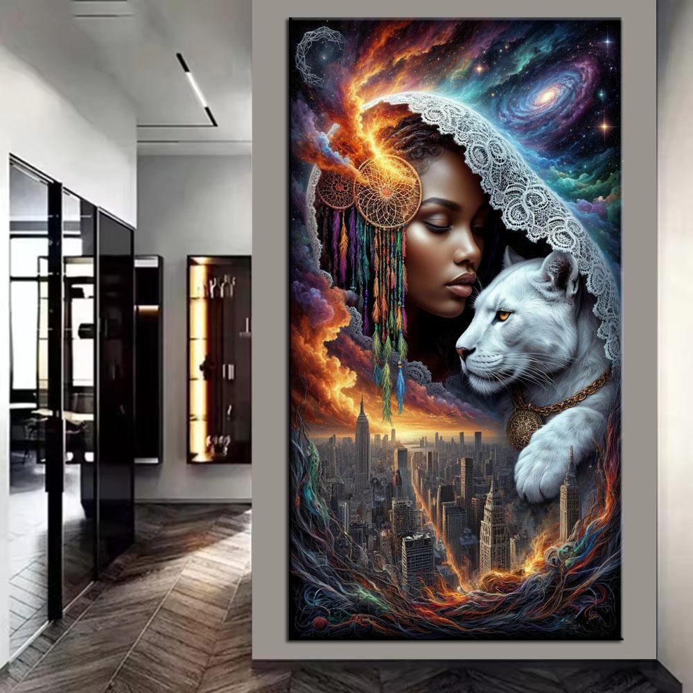 Large Size Mosaic DIY Full Diamond Painting Kits Art Fantasy Girl Leopard and Dream Catcher Embroidery Cross Stitch Rhinestones