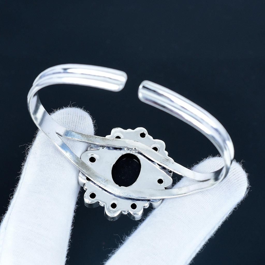 Natural Black Onyx Gemstone Handmade Cuff Bangle 925 Sterling Silver Cuff Bangle, Blue Sunstone Flower Shape Bracelet For Wife, Unisex Bangle