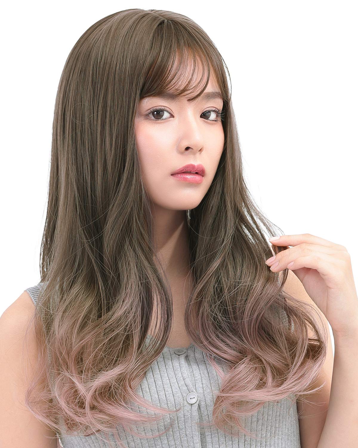 

AQUADOLL Long Full Wig with Gradient Curls, Pink, Black, and Blonde Hair, Free Size, PGxBP. Pearl Greige x Baby Pink (wg304PGxBP).