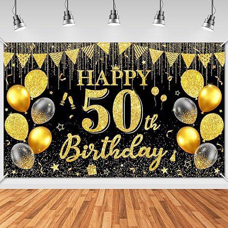 Gefeliciteerd met je 50ste Verjaardag Banner Achtergrond Zwart Goud Verjaardagsbanner Feestdecoratie Achtergrond Mannen en Vrouwen