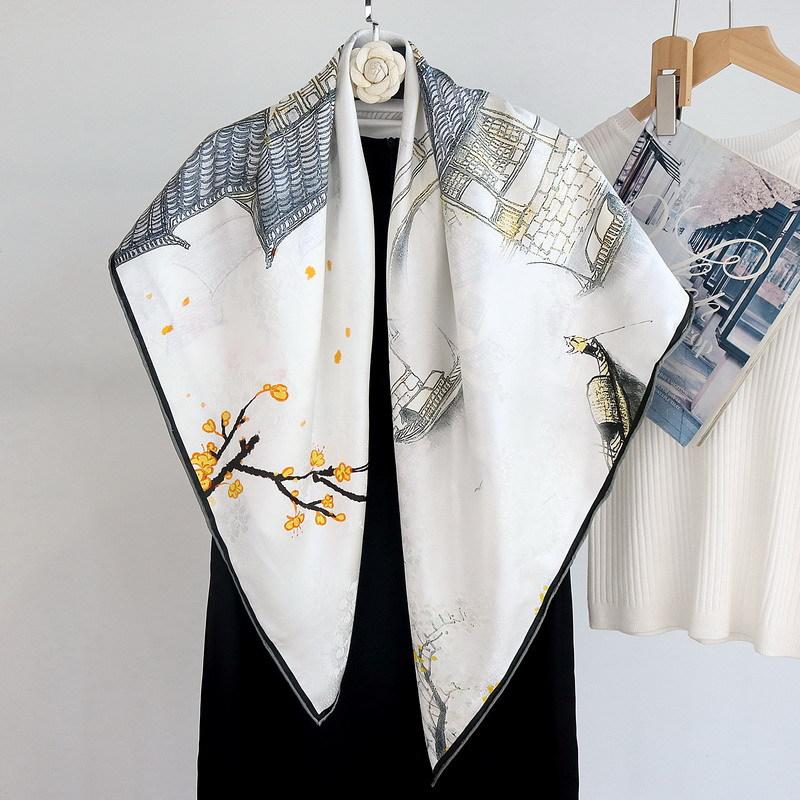 Jiangnan Water Town National Style Double-sided Heterochrome Dill Silk Scarf 110 Large Square Scarf Mulberry Silk Silk Scarf Shawl