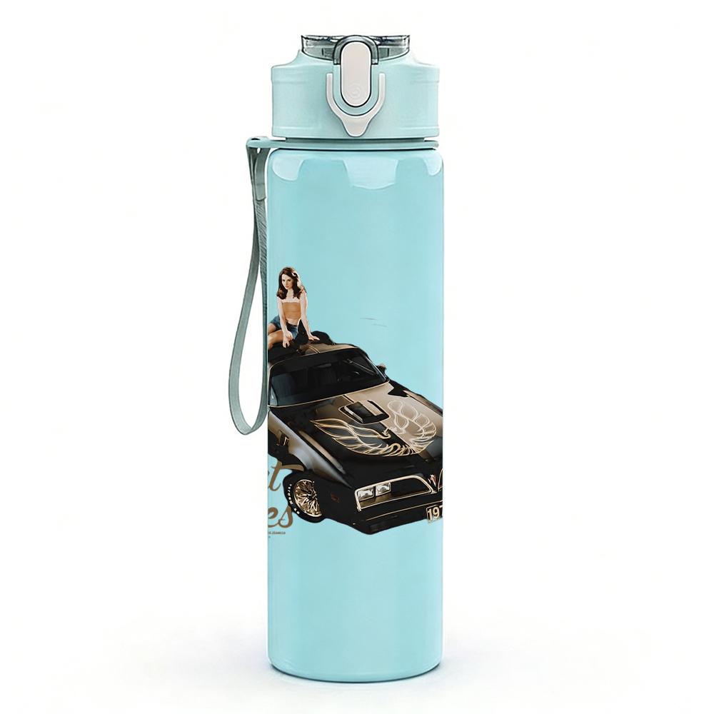 1PC Retro car driving landscape print 750ml colorful plastic sports water bottle leakproof pop up lid with straw for outdoor work home use