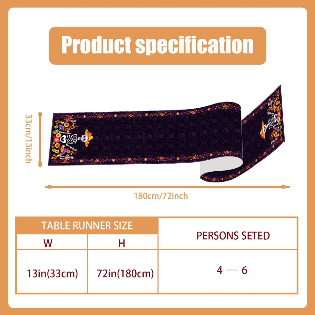 Day of The Dead Table Runner Dia De Los Muertos Tablecloth Mexican Halloween Sugar Skull Home Kitchen Dining Table Decorations 13x72 Inch