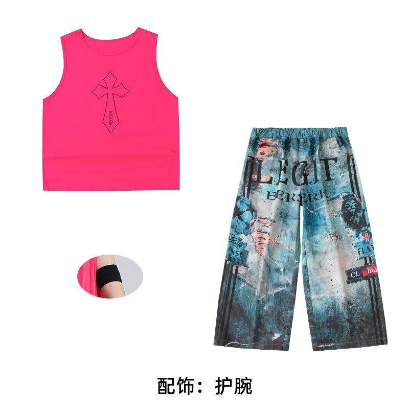 Kids Hip Hop Dance Outfit Set Boys Girls - Sleeveless Pink Top Navy Blue Pants With Accessories