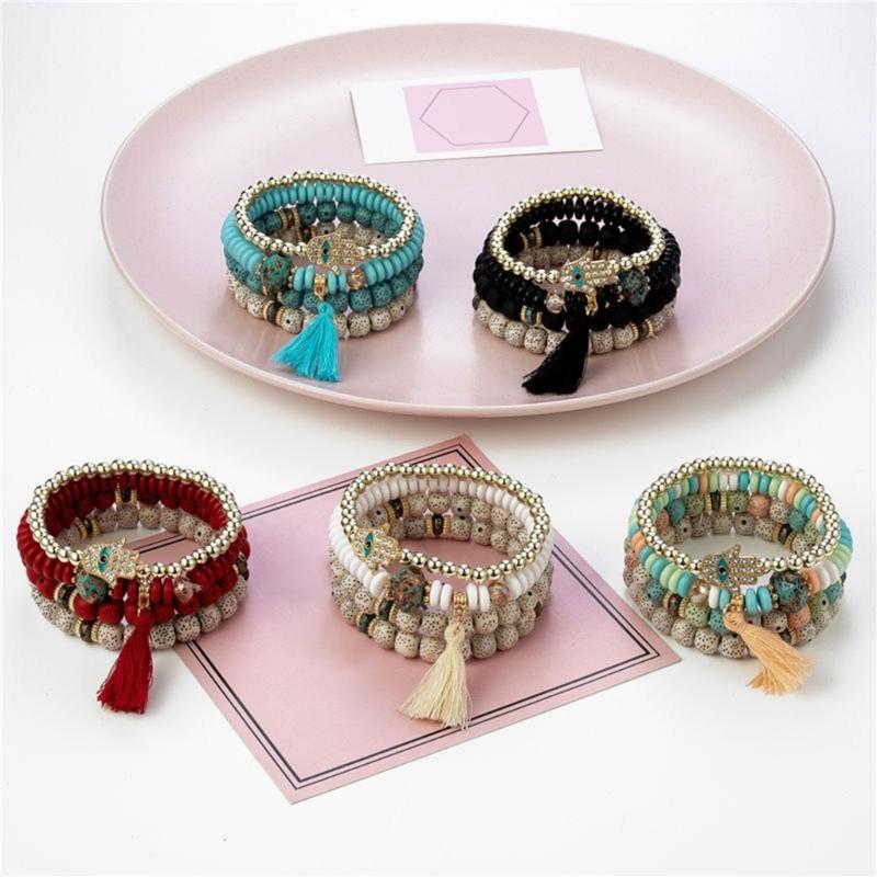 4Pcs Bohemian Styles Bracelet Set for Women with Crystal Hand Tassels Charm and Stone Beads Chain Stylish Outfits