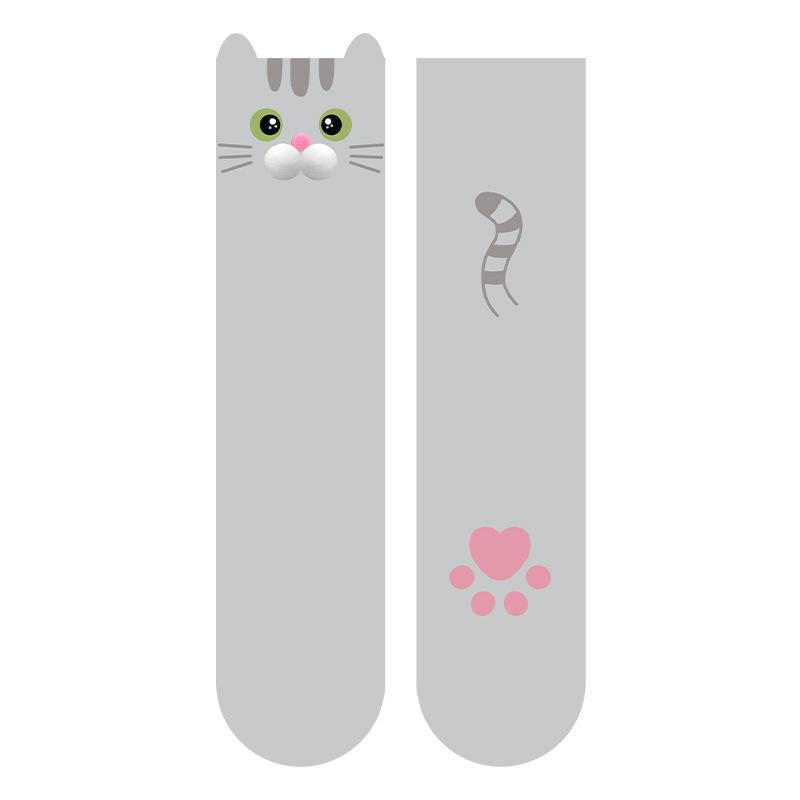 

Cute Cat Print Crew Socks Playful 3D Pom Pom Mid Tube Socks Stylish Leopard Pattern Casual Hosiery Soft Breathable Female Socks One Size серый