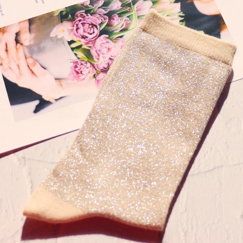 Fashion women's shiny solid color high quality combed cotton socks gold and silver thread soft and comfortable woman socks