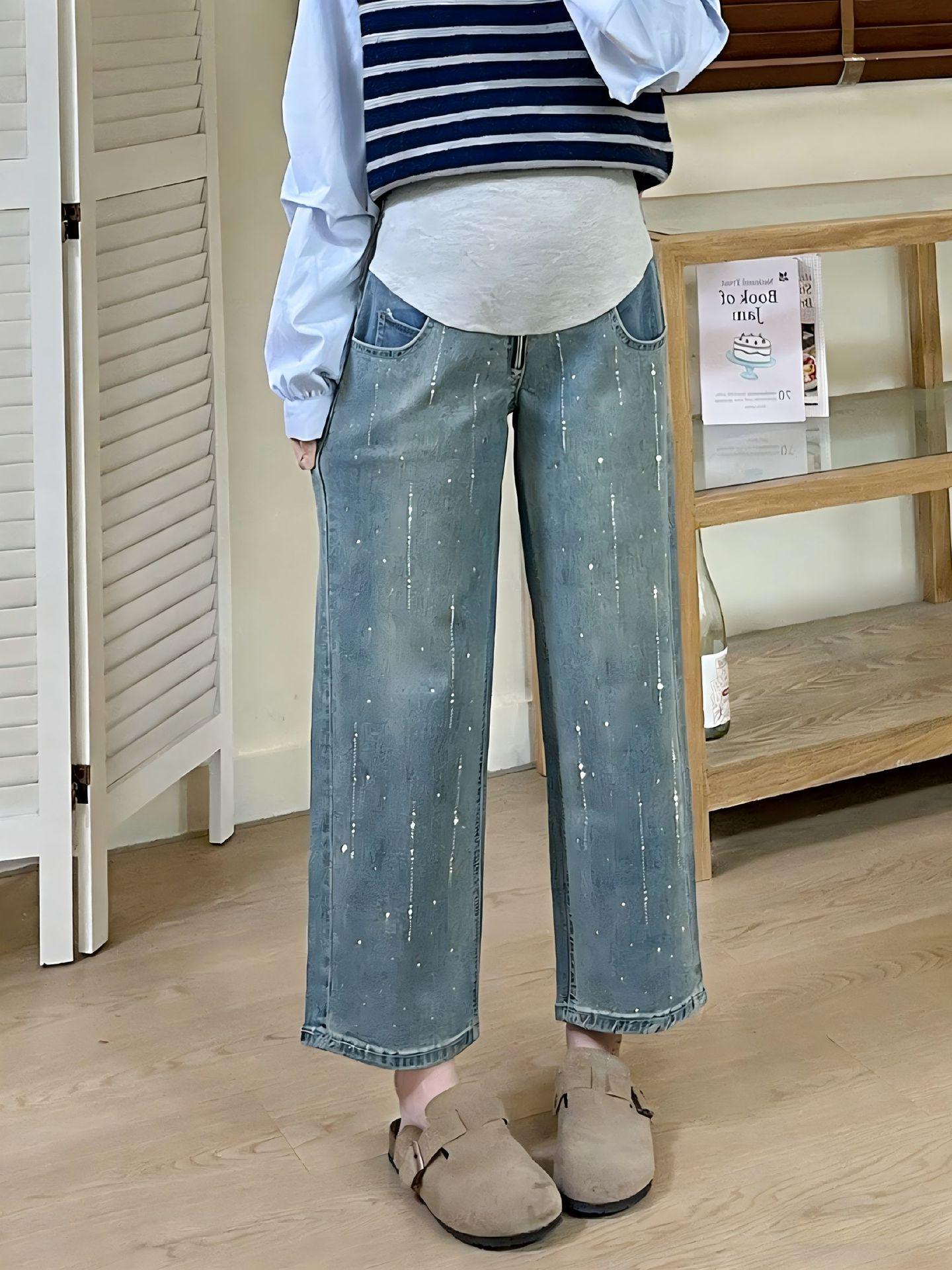 Maternity High-Waist Slim Fit Straight-Leg Jeans with Rhinestones for Spring 2026 Large