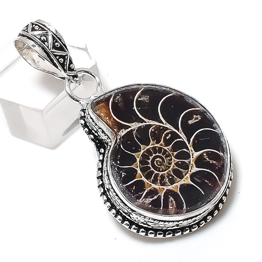 Ammonite Fossil Gemstone Handmade 925 Sterling Silver Jewelry Pendant 1.97" g8H15