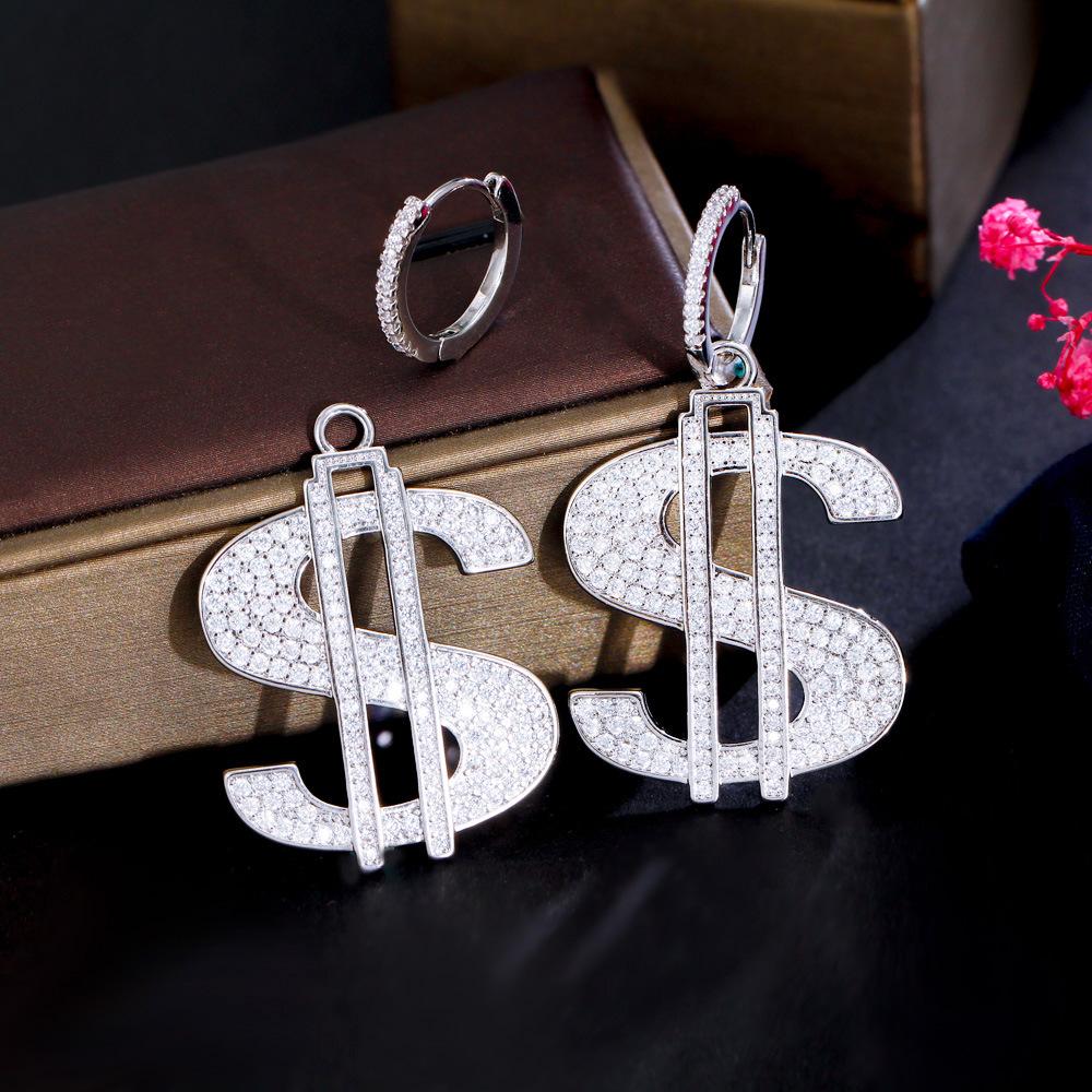 

Hip Hop Street Jewelry Copper Inlaid Zircon Dollar Symbol Earrings Gold Plated Full Diamond Personality Tide Ear Jewelry белого золота