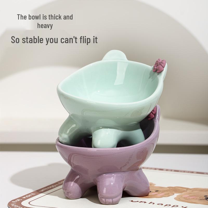Elevated Non-slip Ceramic Bowl for Cats and Dogs - Prevents Spills, Protects Necks, Cute Design