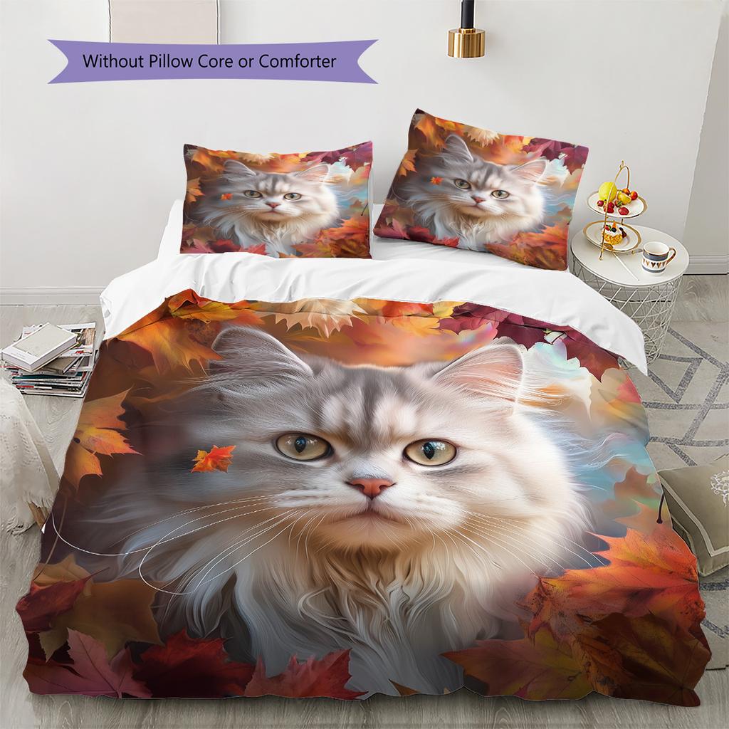 Maple Leaf Cat  Pattern Bedding Quilt Set Quilt Cover Pillowcase Home Decoration  Gift (1 * duvet cover + 2 * pillowcase, without core)