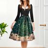 Women's Fashion Round Casual Slim Fit Christmas Print Large Swing Long Sleeve Dress