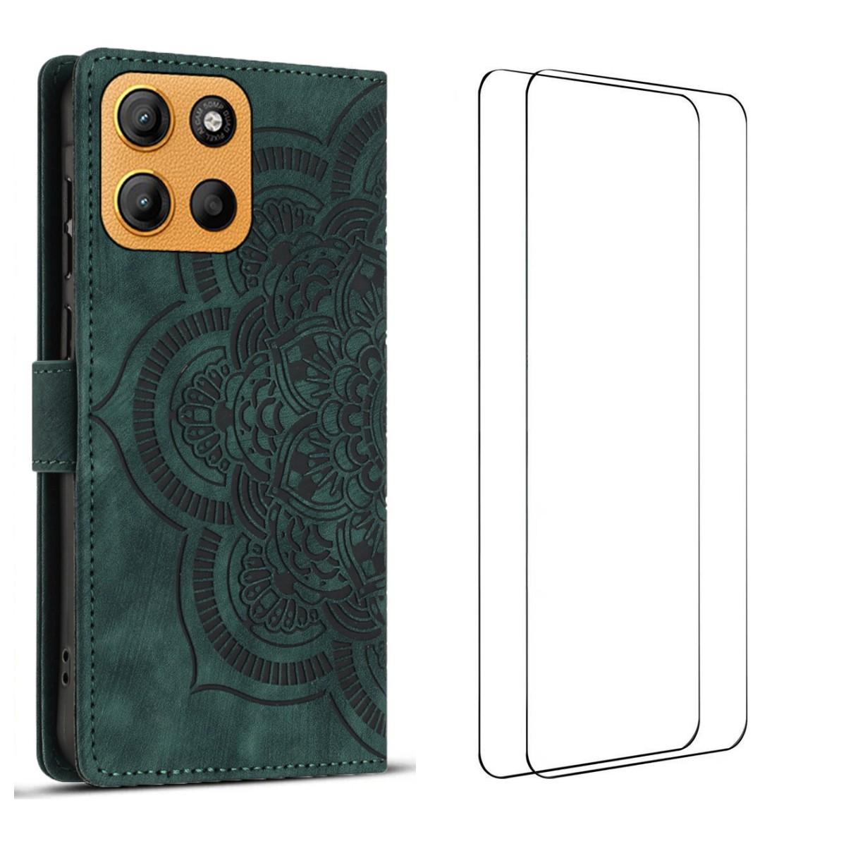

For Motorola Moto G15 4G Case with 2Pcs Tempered Glass WANLONFENG MTL Series Mandala Leather Phone Cover Midnight Green