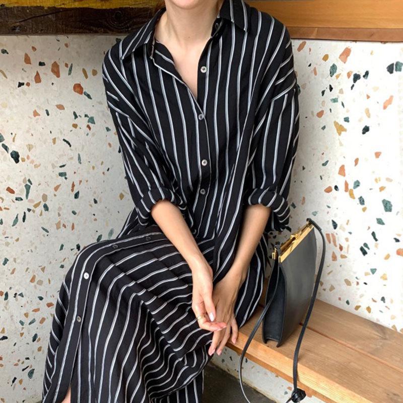 

Women’s Plus Size Loose Color Block Stripe Shirt Dress, M-4XL, Lazy Summer Style XL 120-140 jin чорний
