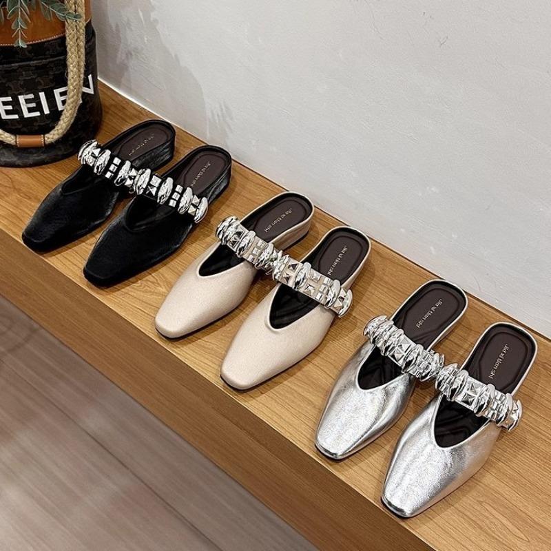 Sheepskin version~ Zhao Ruth one word with rhinestone bag head slippers women's retro summer flat bottom pointed half slippers
