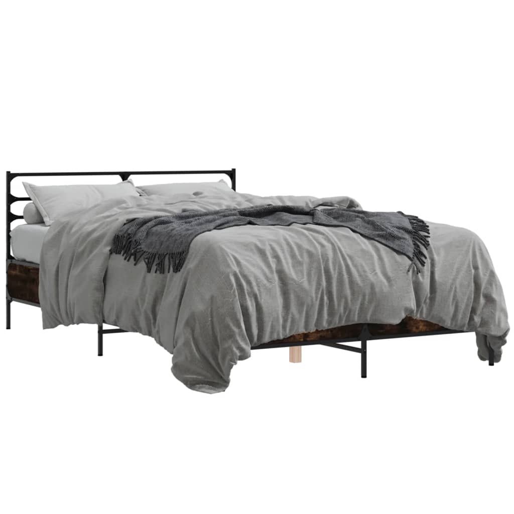 Bed Frame Smoked Oak 135 x 190 cm Wood Based Panel and Metal