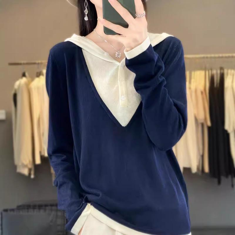 Women's Comfortable Sweater with Hooded Two New Knitted Sweater Fake Outer Wear Early Autumn Loose Pullover Hooded Color Matching