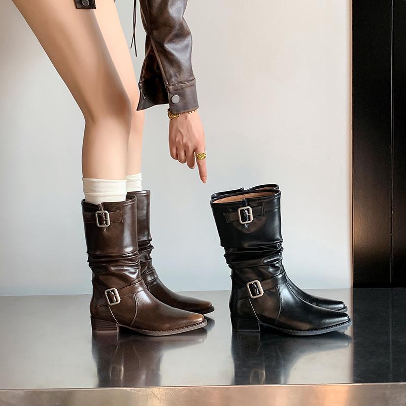 Fashion 2024 Autumn/winter Women Boots Square Toe Chunky Heels Boots for Women Fold Chelsea Belt Buckle Boots Mid-calf Women Shoes